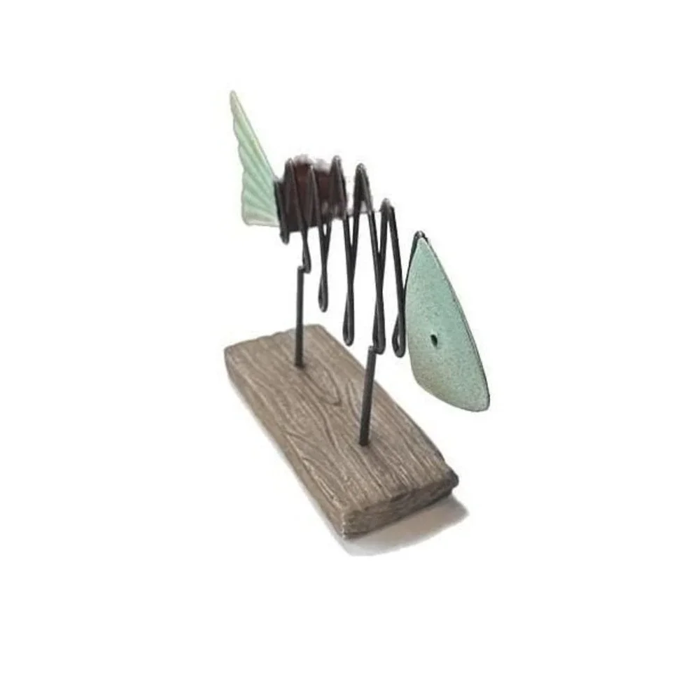 Distressed Coastal Nautical Teal Fish Metal with Wood Base Statue Sculpture